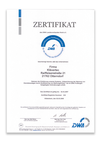 Zertifikat Wartungsarbeiten 2005